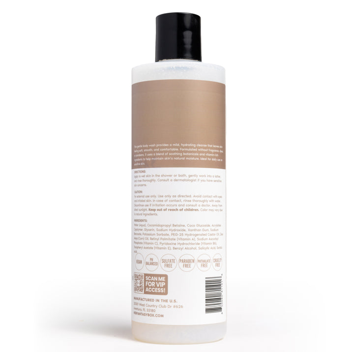 Back label of Her Fantasy Box Sensitive Skin Soother 16 oz showing full ingredients list, directions, and vegan and cruelty-free certifications