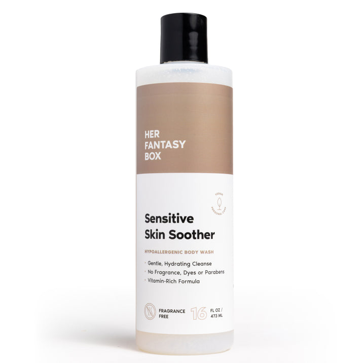 Single 16 fl oz bottle of Her Fantasy Box Sensitive Skin Soother hypoallergenic fragrance-free body wash on white background