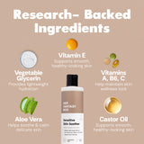 Her Fantasy Box Sensitive Skin Soother Hypoallergenic Body Wash – Research-Backed Ingredients. Vitamin E: Supports smooth, healthy-looking skin. Vitamins A, B6, C: Help maintain skin wellness look. Vegetable Glycerin: Provides lightweight hydration. Aloe Vera: Helps soothe & calm delicate skin. Castor Oil: Supports smooth, healthy-looking skin. Bottle label: Gentle Hydrating Cleanser, No Fragrance Dyes or Protein, Vitamin-Rich Formula.