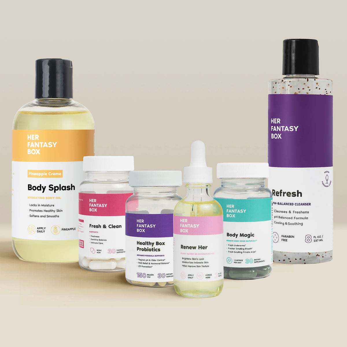 Her Fantasy Box Ultimate Glow Up Bundle — Pineapple Crème Body Splash, Fresh & Clean, Healthy Box Probiotics, Renew Her, Body Magic, and Refresh