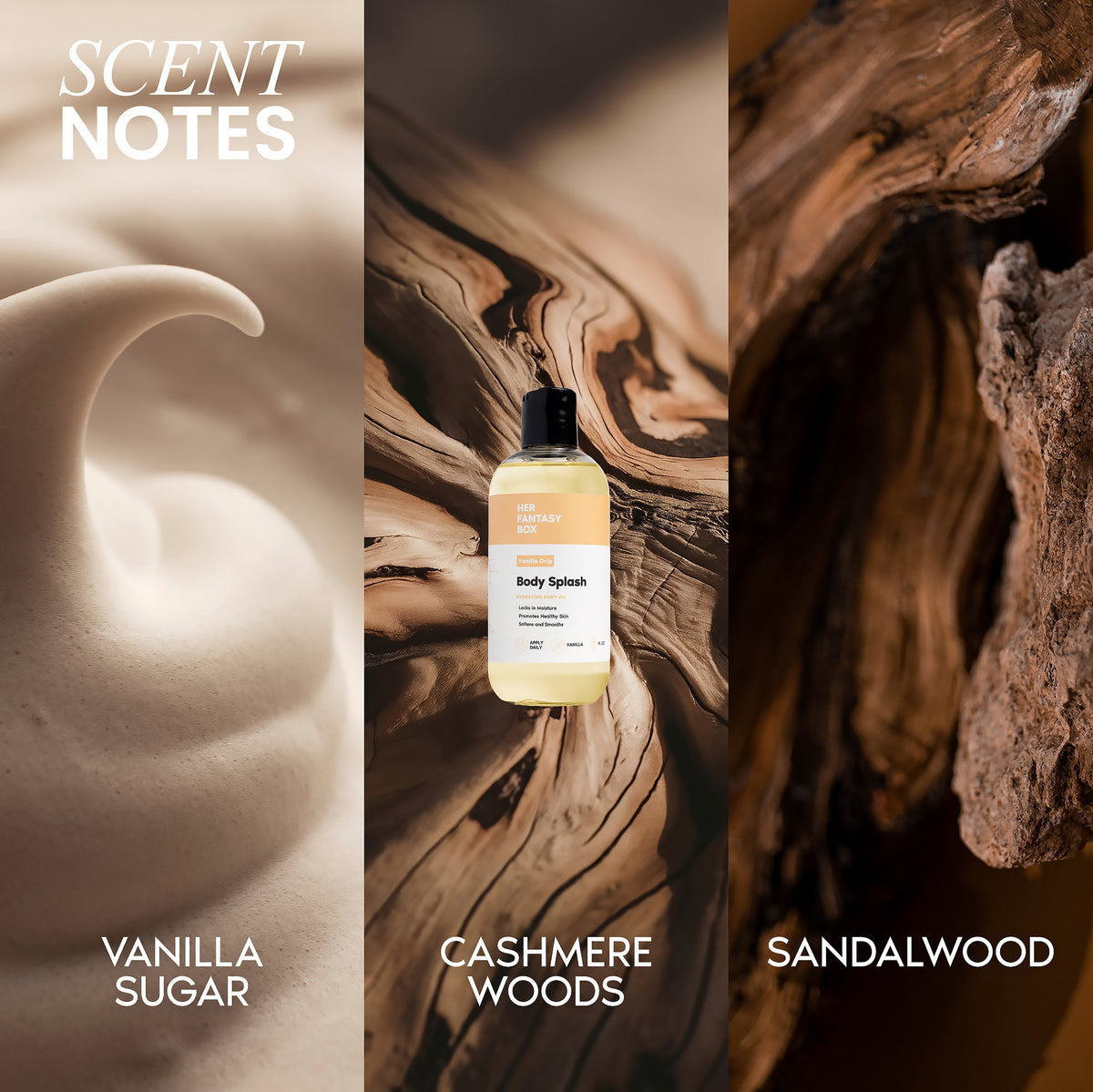 Her Fantasy Box Vanilla Drip Body Splash scent notes graphic featuring vanilla sugar, cashmere woods, and sandalwood.