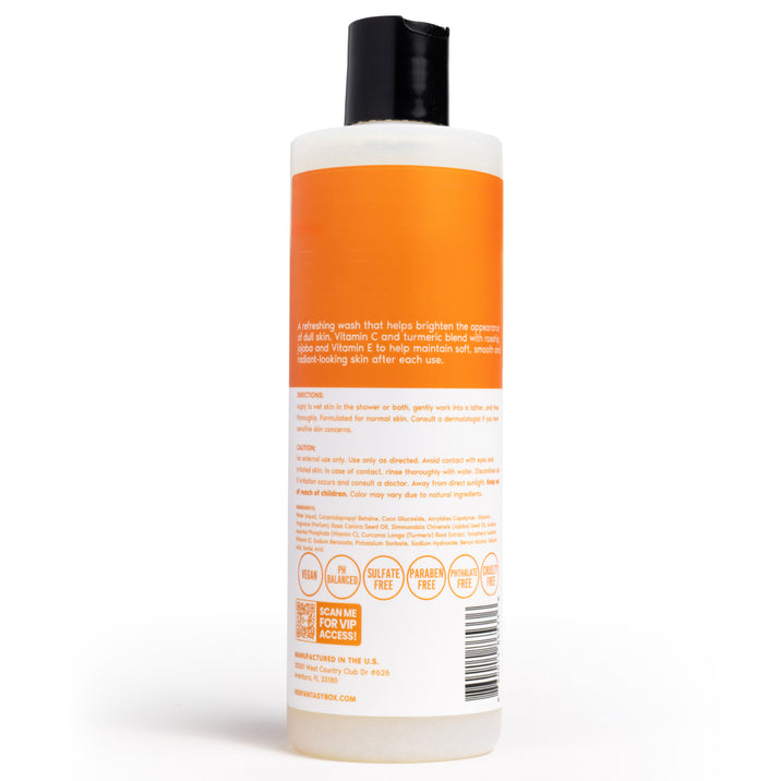 Her Fantasy Box Vita C Bright body wash back label — ingredients, directions, and vegan, sulfate-free, pH-balanced certifications