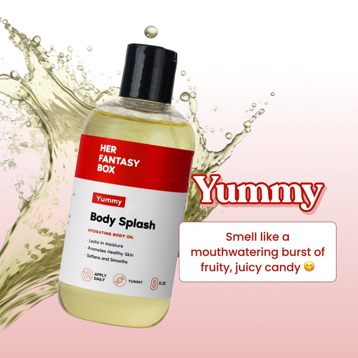 Her Fantasy Box Body Splash Hydrating Body Oil – Yummy scent. "Smell like a mouthwatering burst of fruity, juicy candy." Bottle label: Locks in Moisture, Promotes Healthy Skin, Softens and Smooths. Apply Daily. 8 FL OZ.