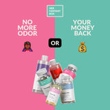 Her Fantasy Box. Left pink side: No More Odor. Right teal side: Your Money Back. Center: OR. Products shown: Body Magic, Renew Her, Slippery Box, Refresh Shower Gel, Yummy Shower Gel, Fresh & Clean.