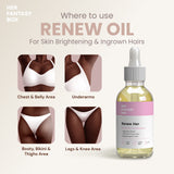 Her Fantasy Box Renew Her Oil – Where to use Renew Oil For Skin Brightening & Ingrown Hairs. Four illustrated application areas: Chest & Belly Area, Underarms, Booty Bikini & Thighs Area, Legs & Knee Area. Bottle label: 100% Natural Rejuvenating Oil. Fades Dark Marks, Moisturize Private Areas, Reduces Ingrown Hairs. Apply Daily. Citrus Herb.
