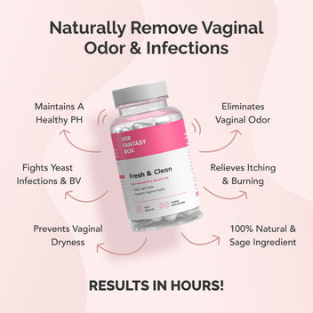 Her Fantasy Box Fresh & Clean – Naturally Remove Vaginal Odor & Infections. Callouts: Maintains A Healthy PH, Eliminates Vaginal Odor, Fights Yeast Infections & BV, Relieves Itching & Burning, Prevents Vaginal Dryness, 100% Natural & Sage Ingredient. Bottle: For A Balanced & Healthy PH, Helps Fight Odor, Supports Vaginal Health. Fast Results, 30 Vaginal Suppositories. Results In Hours!