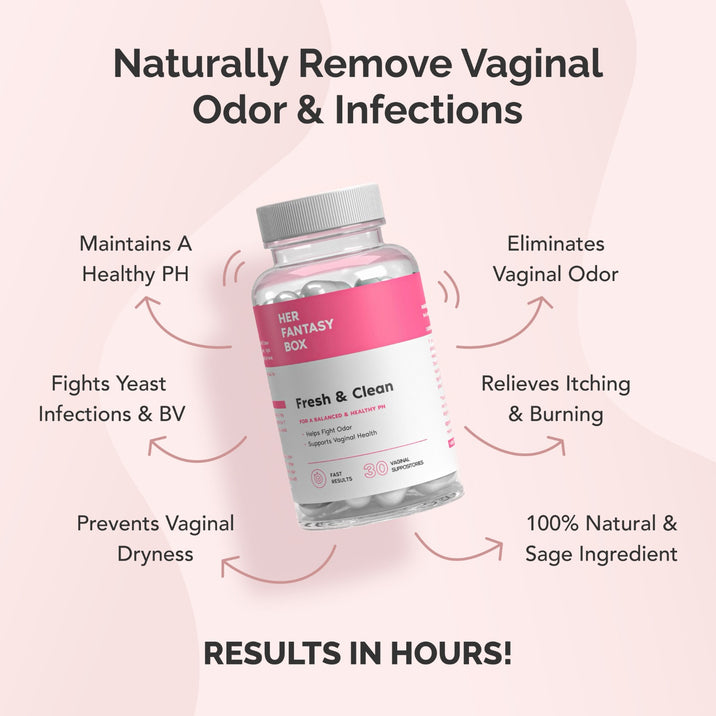 Her Fantasy Box Fresh & Clean – Naturally Remove Vaginal Odor & Infections. Callouts: Maintains A Healthy PH, Eliminates Vaginal Odor, Fights Yeast Infections & BV, Relieves Itching & Burning, Prevents Vaginal Dryness, 100% Natural & Sage Ingredient. Bottle: For A Balanced & Healthy PH, Helps Fight Odor, Supports Vaginal Health. Fast Results, 30 Vaginal Suppositories. Results In Hours!