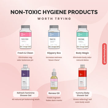 Non-Toxic Hygiene Products Worth Trying by @herfantasybox. Fresh & Clean – Eliminates vag odor balances pH. Slippery Box – Increase wetness "down there." Body Magic – Eliminate body odor natural detox. Refresh Feminine Shower Gel – All natural pH balancing wash. Renew Oil – Treats ingrown fades dark marks. Yummy Body Shower Gel – Stress relieving/self care body wash.