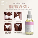Her Fantasy Box Renew Her Oil – Where to use Renew Oil For Skin Brightening & Ingrown Hairs. Four illustrated application areas: Chest & Belly Area, Underarms, Booty Bikini & Thighs Area, Legs & Knee Area. Bottle label: 100% Natural Rejuvenating Oil. Fades Dark Marks, Moisturize Private Areas, Reduces Ingrown Hairs. Apply Daily. Citrus Herb.
